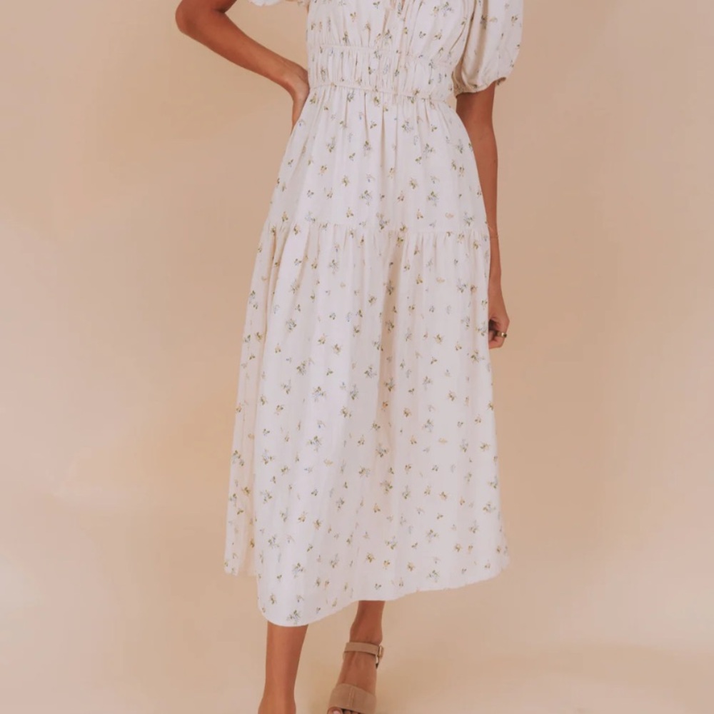 Storia Cottagcore Linen Blend Floral Cream midi dress size small